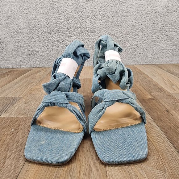 Shoe Dazzle Stage Queen Women's Sz 10 Blue Denim Ankle Tie Square Toe High Heels - Picture 5 of 9